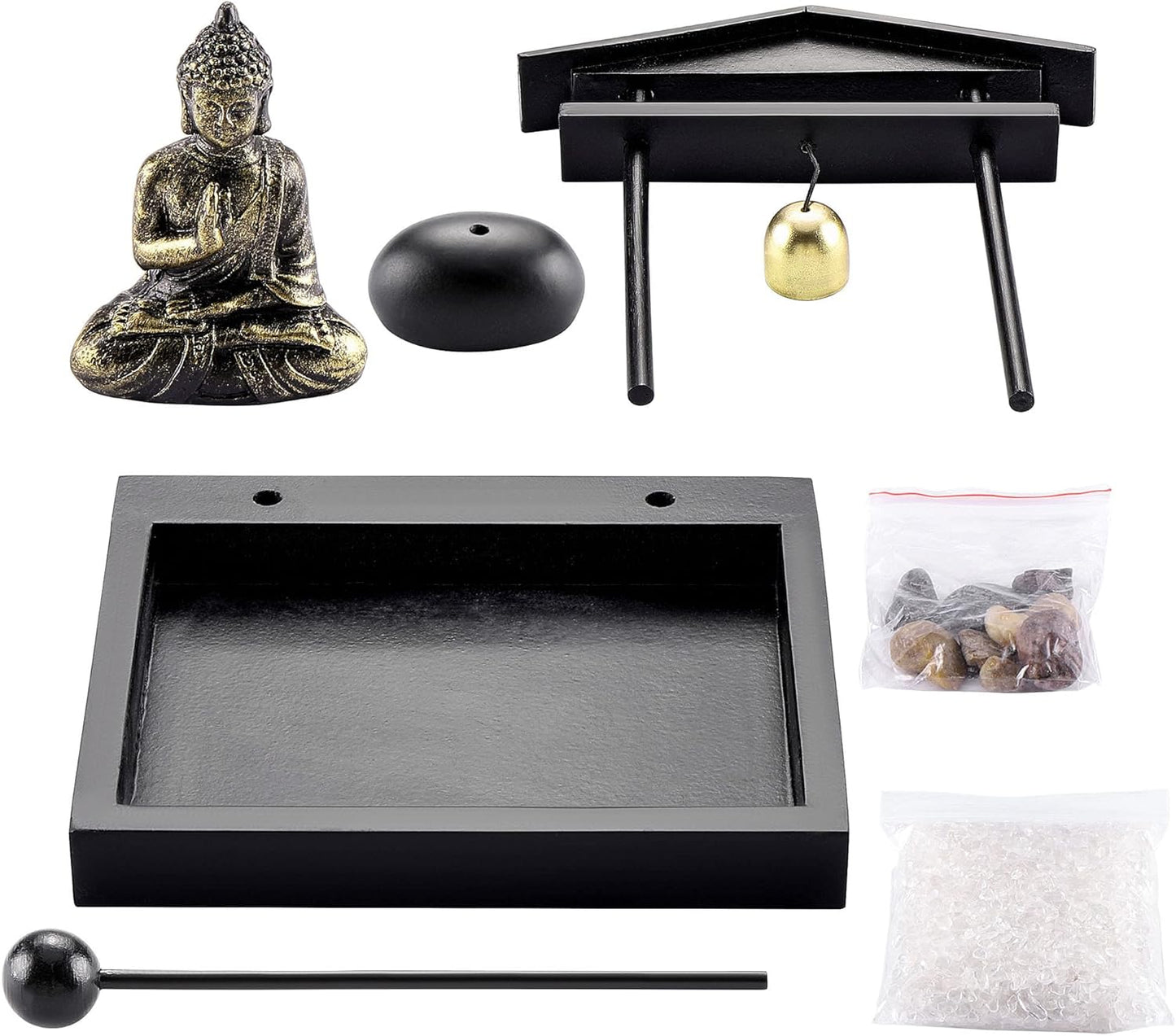 Zen Garden Set Buddha Statue, Mallet & Rocks and Crystals & Incense Stick Holder Bowl & Wooden Display Tray for Yoga Meditaion Home Table Decor Gift