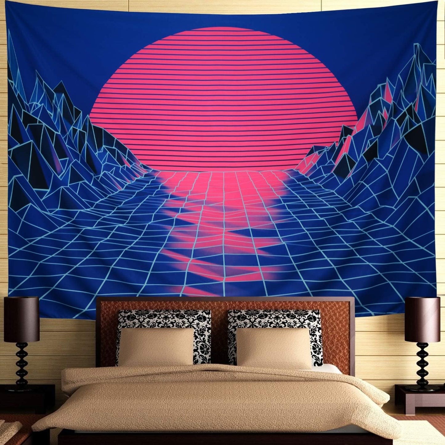 Sun Tapestry Mountain Tapestry Abstract Sketch Mountain River Tapestry Sunset Afterglow Landscape Tapestry for Bedroom