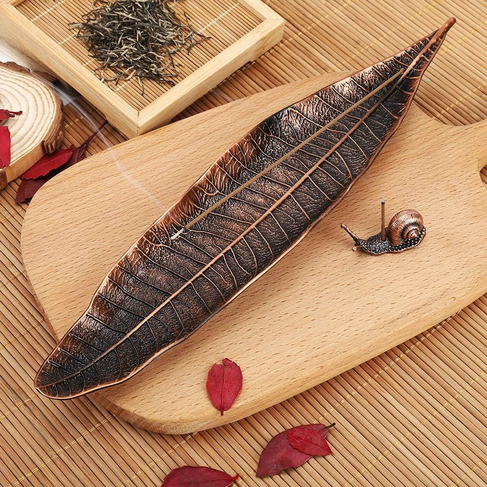 Incense Holder Set, Leaf and Snail Incense Burner, Incense Ash Catcher, Incense Sticks Holder for Counters, Meditation Room, Yoga, Home, Office, Red Copper