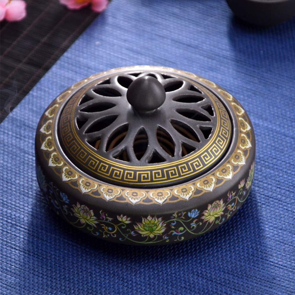 Ceramic Incense Burner + 48 Pcs Incense Coil, Cones, Stick, for Indoor Air Purification, Home Decoration, Ornament, Aromatherapy, Meditation, Relaxation (Chrysanthemum)