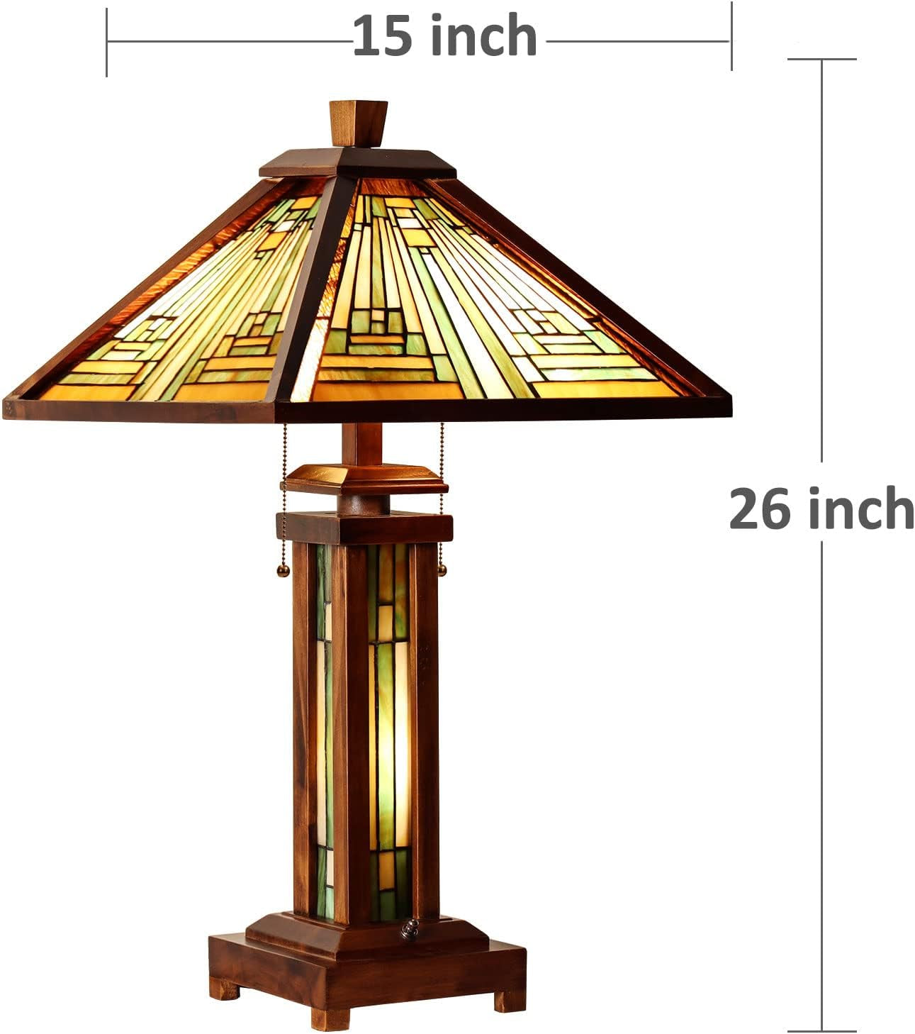 Tiffany Table Lamp 15" Wide 26" Tall Mission Style Stained Glass Lamp Wood Base 2-Light with Night Light for Living Room Bedroom