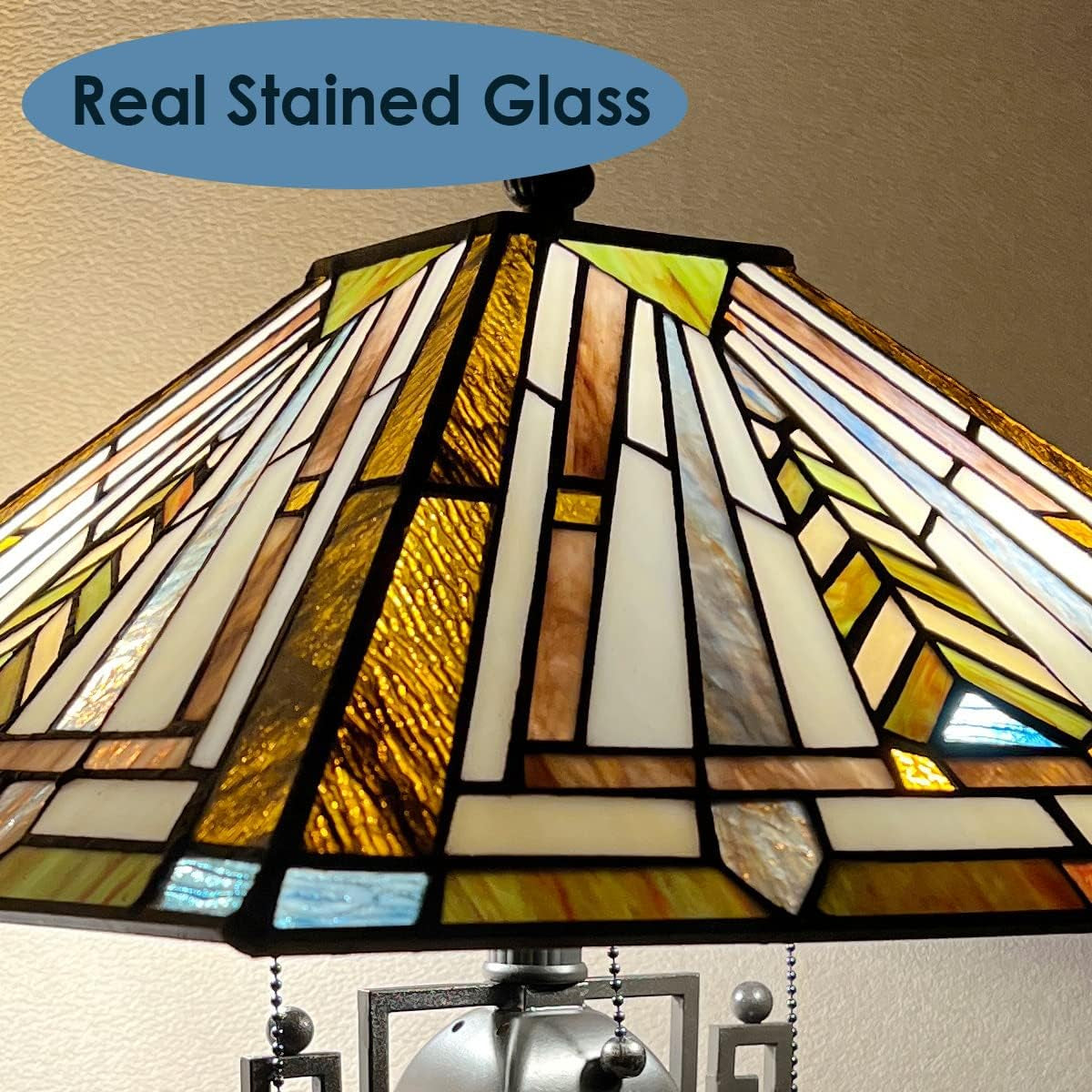 Tiffany Table Lamp Night Light 16" Wide Handmade Stained Glass Lamp Shade 3 Light Mission Style Vintage Table Lamp for Home and Office