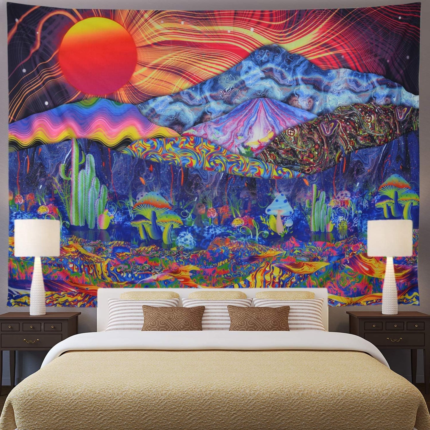 Mountain Tapestry Sun Tapestry Colorful Plants Tapestry Hippie Waves Abstract Wall Tapestry for Bedroom Living Room