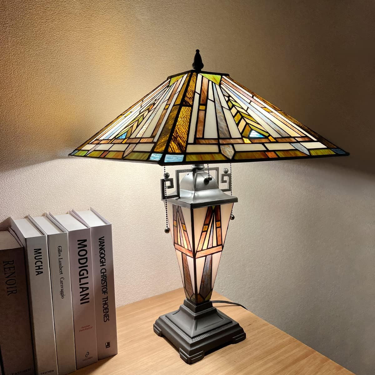 Tiffany Table Lamp Night Light 16" Wide Handmade Stained Glass Lamp Shade 3 Light Mission Style Vintage Table Lamp for Home and Office