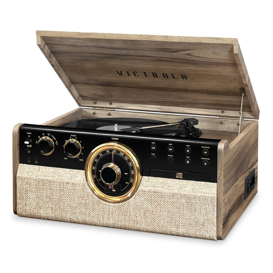 6-In-1 Wood Bluetooth Mid Century Record Player with 3-Speed Turntable, CD, Cassette Player and Radio - Farmhouse Walnut