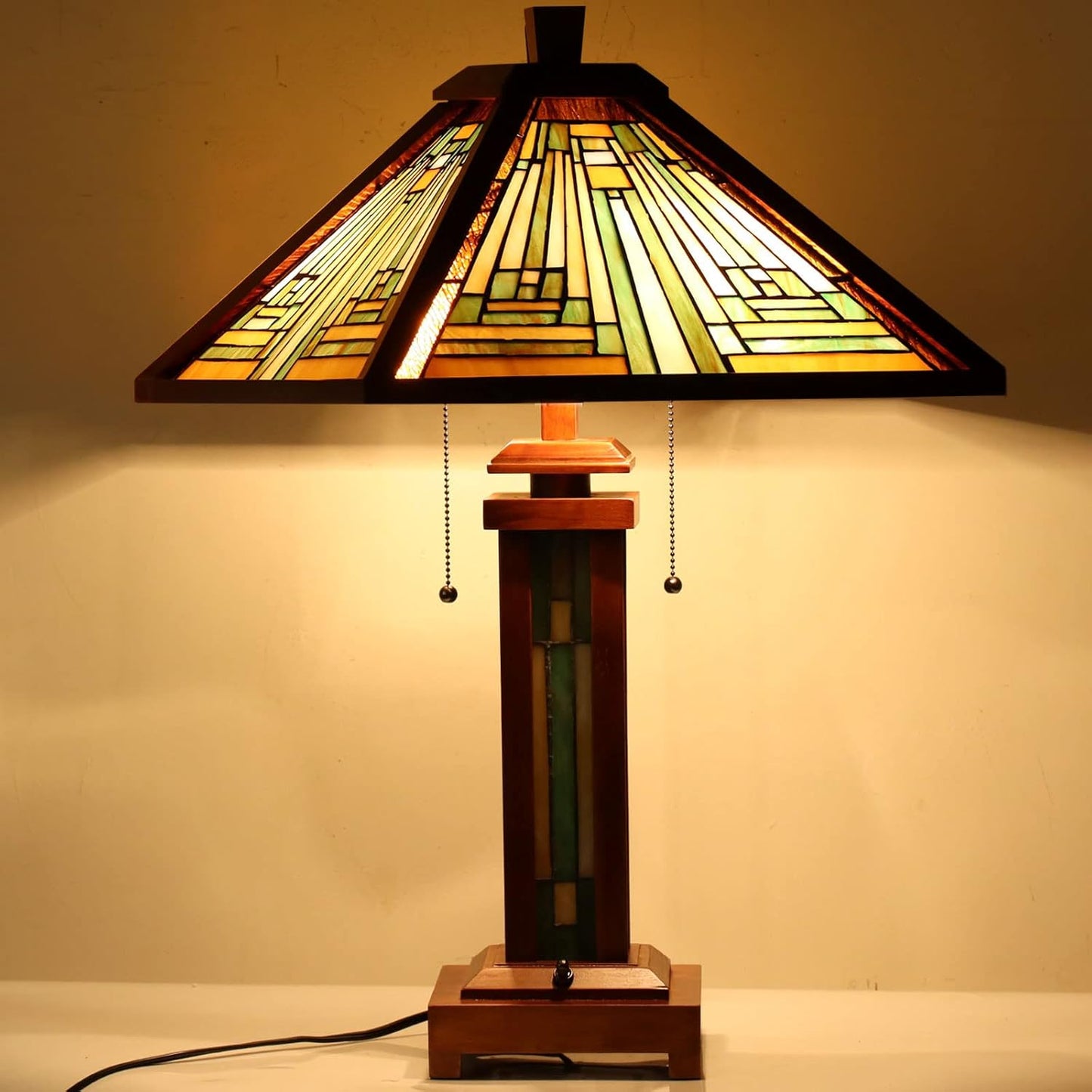 Tiffany Table Lamp 15" Wide 26" Tall Mission Style Stained Glass Lamp Wood Base 2-Light with Night Light for Living Room Bedroom