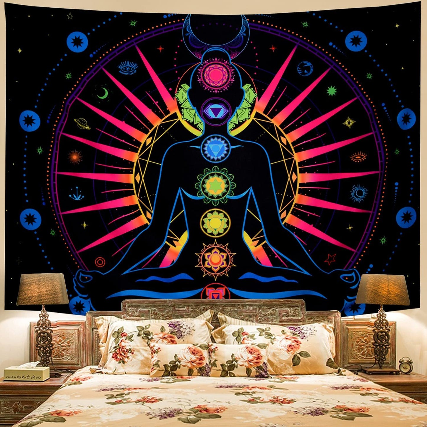 Seven Chakra Tapestry Trippy Sun Tapestry Galaxy Starry Stars Tapestry Psychedelic Celestial Moon Tapestry Colorful Yoga Meditation Tapestry Hippie Tapestry for Home