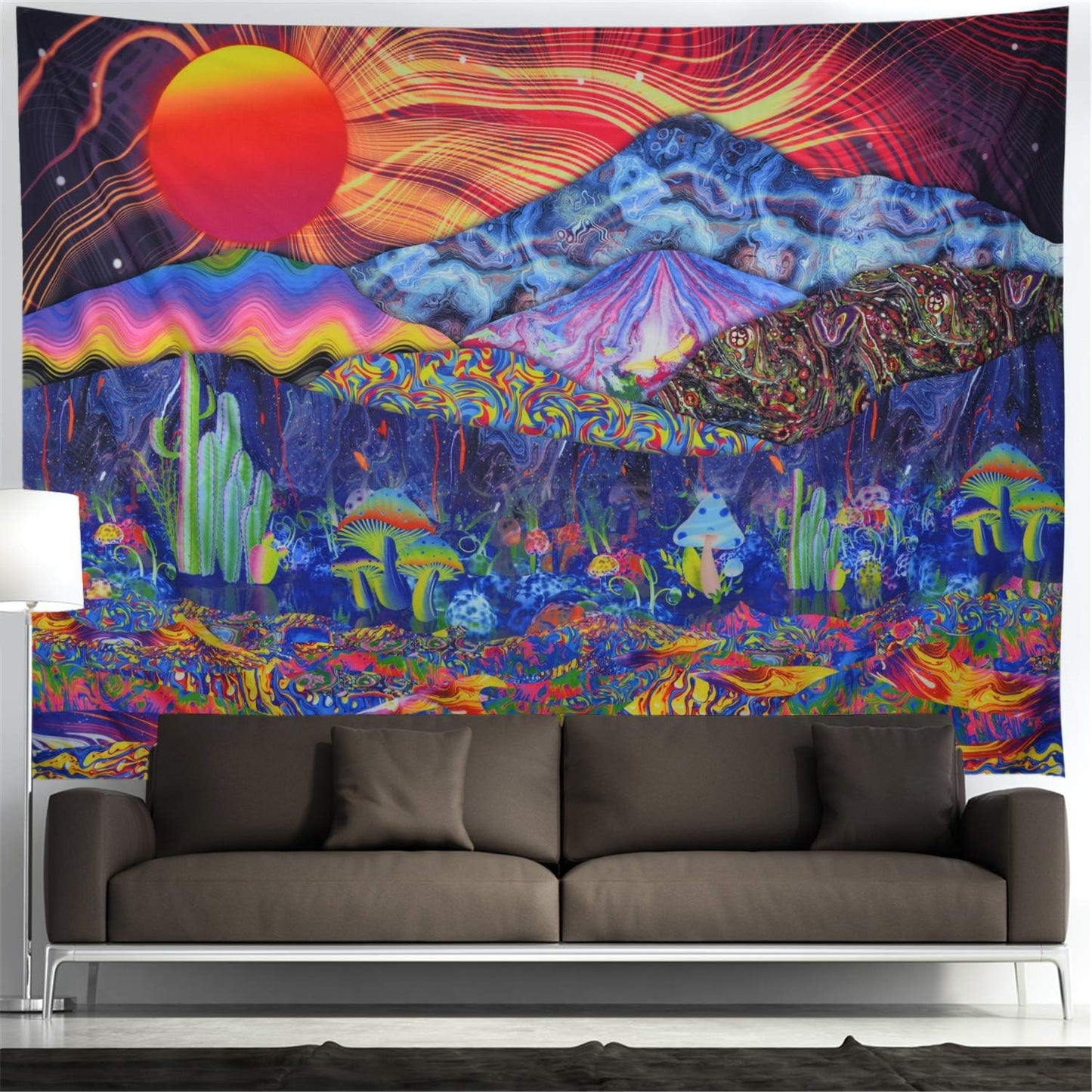 Mountain Tapestry Sun Tapestry Colorful Plants Tapestry Hippie Waves Abstract Wall Tapestry for Bedroom Living Room