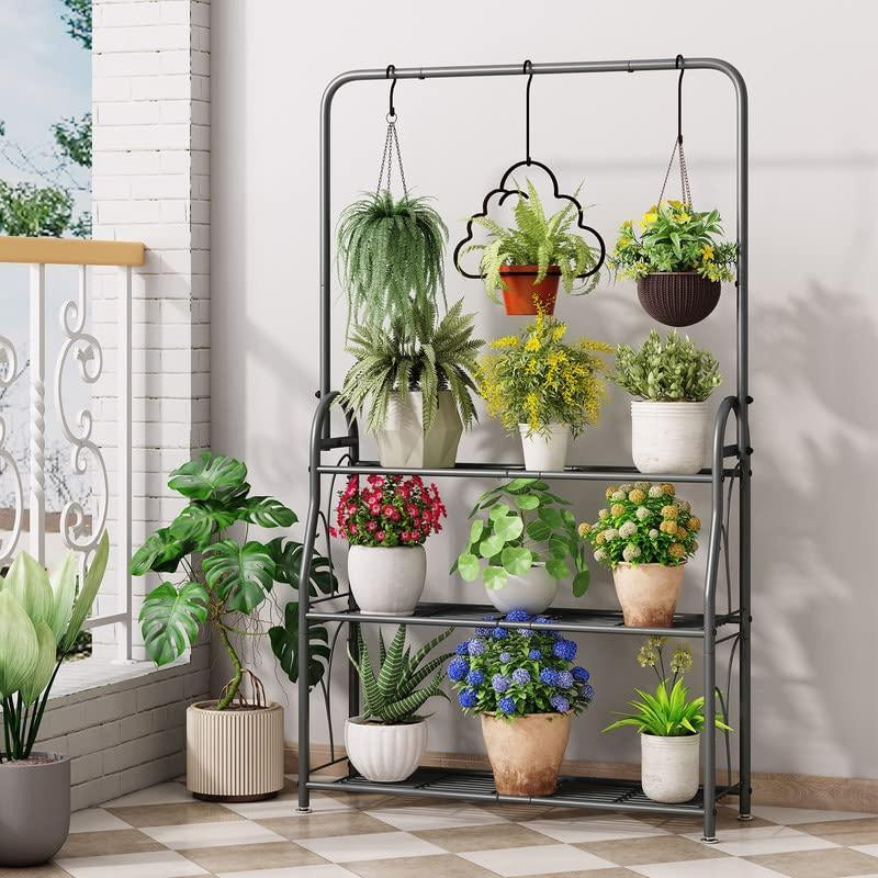 3-Tier with Hanging Plant Stand Planter Shelves Flower Pot Organizer Rack Multiple Flower Pot