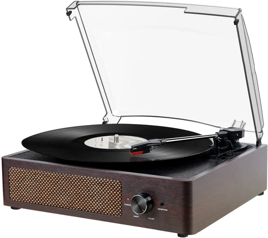 Bluetooth Record Player Belt-Driven 3-Speed Turntable Built-In Stereo Speakers-Brown