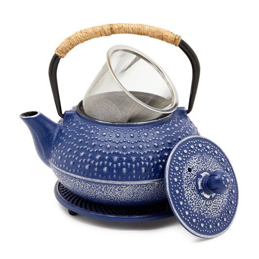 Cast Iron Teapot with Infuser - Japanese Tea Kettle, Loose Leaf Tetsubin with Handle and Trivet (Blue, 3 Pcs, Holds 27 Oz, 800 Ml)