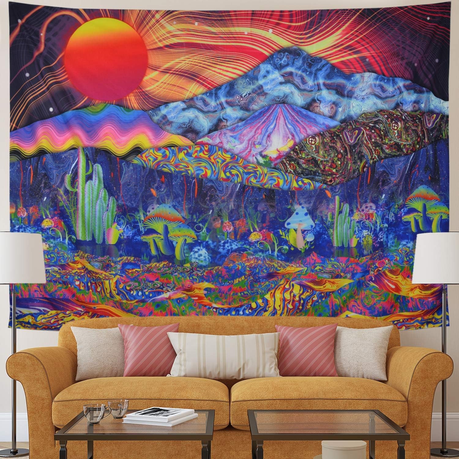 Mountain Tapestry Sun Tapestry Colorful Plants Tapestry Hippie Waves Abstract Wall Tapestry for Bedroom Living Room