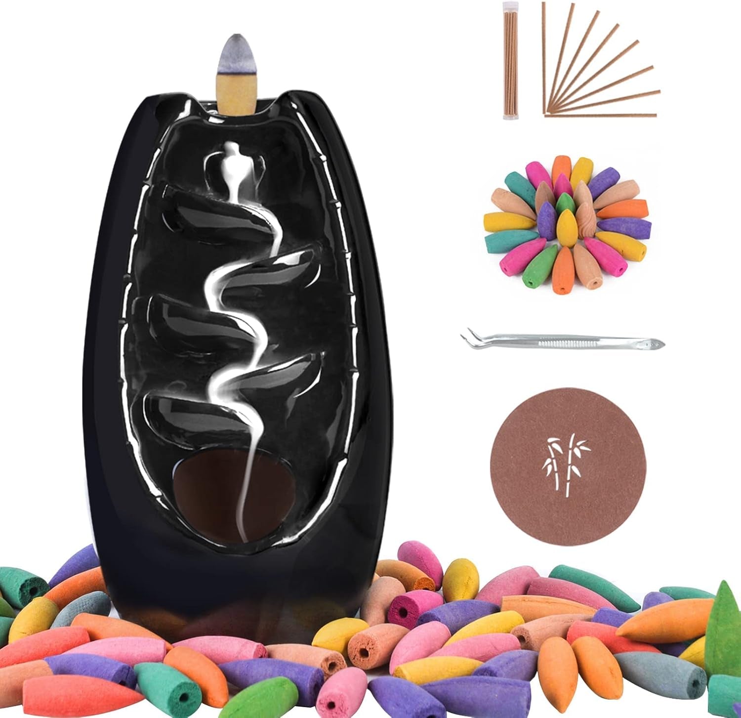 Backflow Incense Burner Waterfall Incense Holder with 120 Backflow Incense Cones + 30 Incense Sticks + 1 Tweezer, Aromatherapy Ornamental for Home Office Yoga, Jet Black