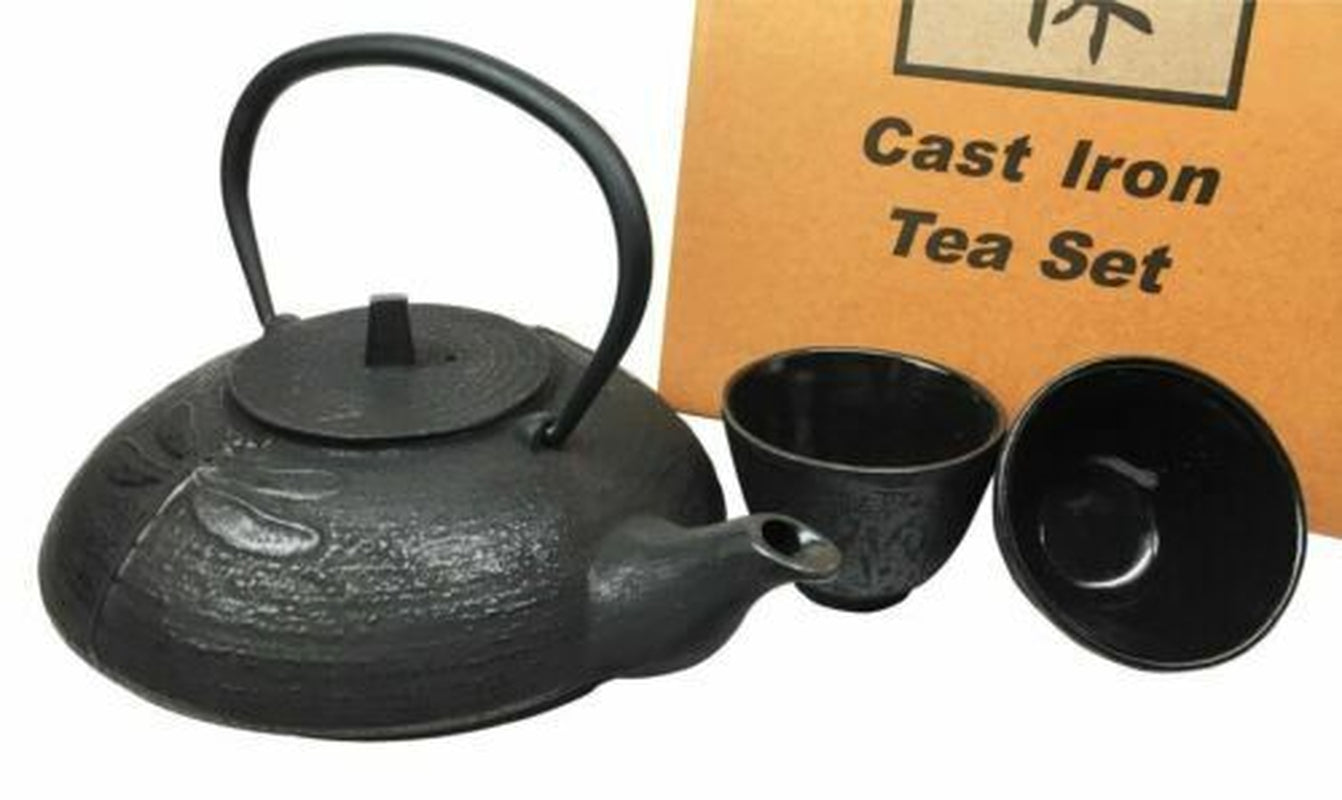 Japanese Tombo Dragonfly Black Heavy Cast Iron Tea Pot and Two Cups Set Asian