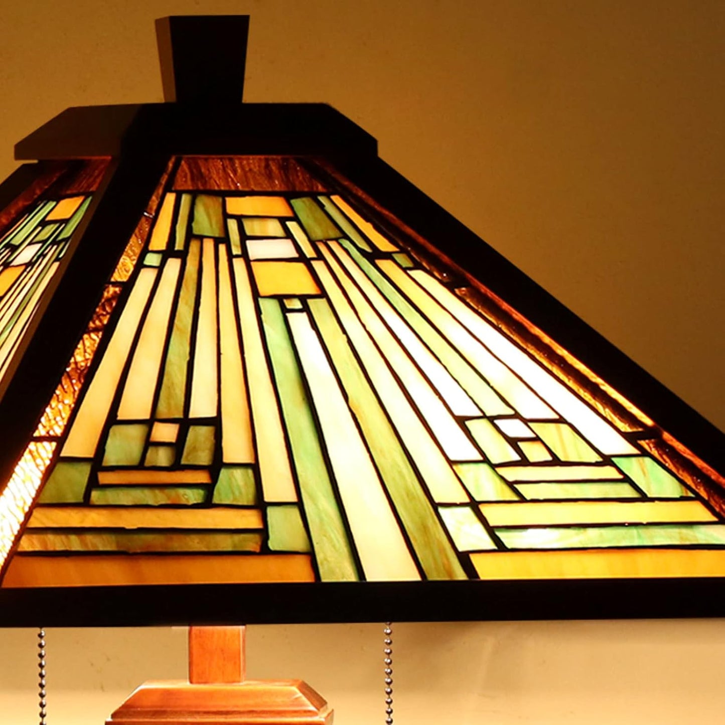 Tiffany Table Lamp 15" Wide 26" Tall Mission Style Stained Glass Lamp Wood Base 2-Light with Night Light for Living Room Bedroom