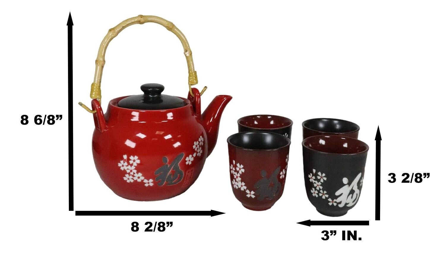 Sakura White Japanese Cherry Blossoms Porcelain Red Tea Pot 42Oz and 4 Cups Set