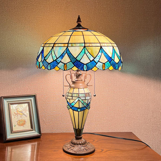 Tiffany Table Lamp Nightlight,16" Wide Handmade Stained Glass Lamp Shade,3-Lights Blue Vintage Nightstand Desk Light for Home and Office