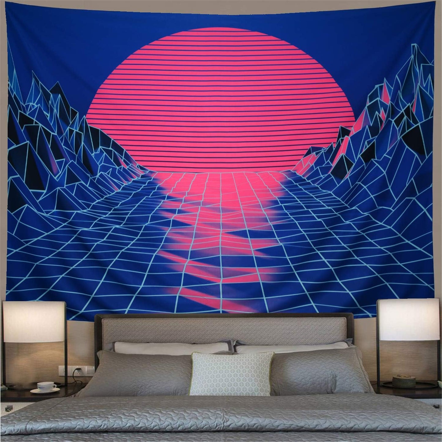 Sun Tapestry Mountain Tapestry Abstract Sketch Mountain River Tapestry Sunset Afterglow Landscape Tapestry for Bedroom