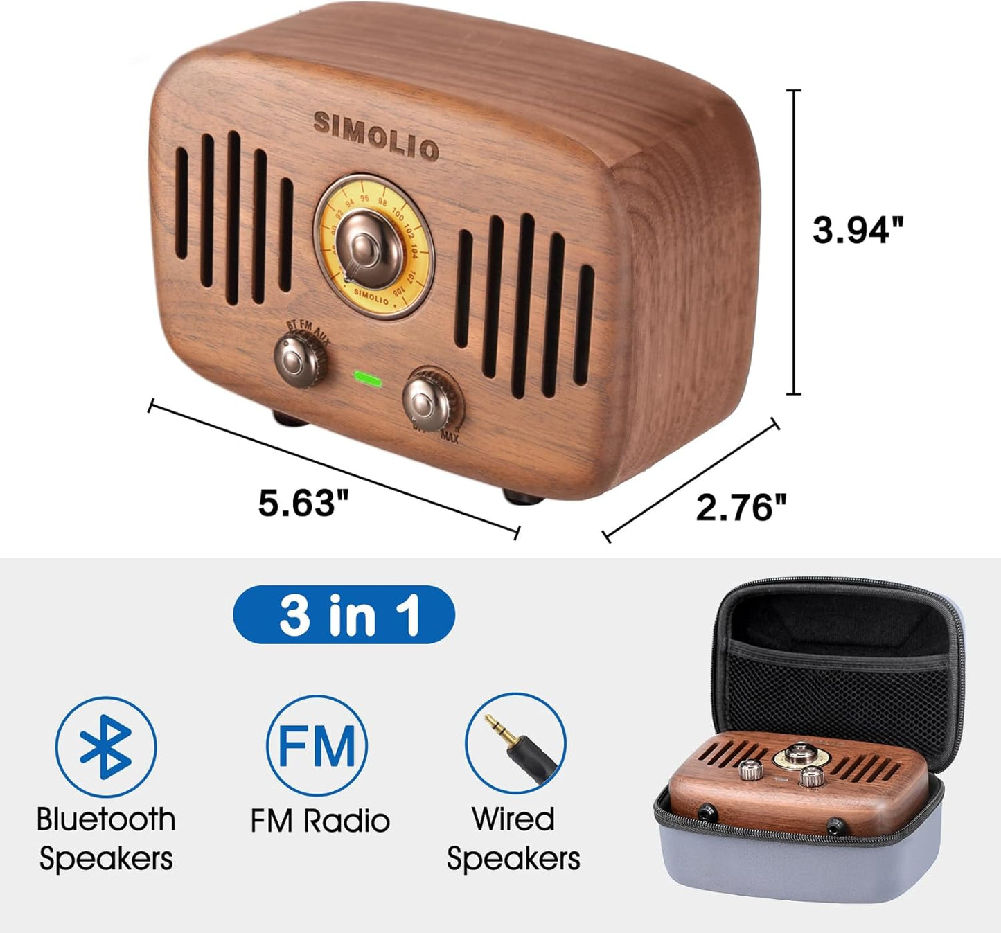 Vintage Radio Retro Bluetooth Speakers, Loud and Powerful 2X8W Ultimate Stereo Sound, Nature Black Walnut Wooden Speaker with FM Radio & AUX, Bluetooth CSR Chip, HD Sound and Bass, Gift Ideas