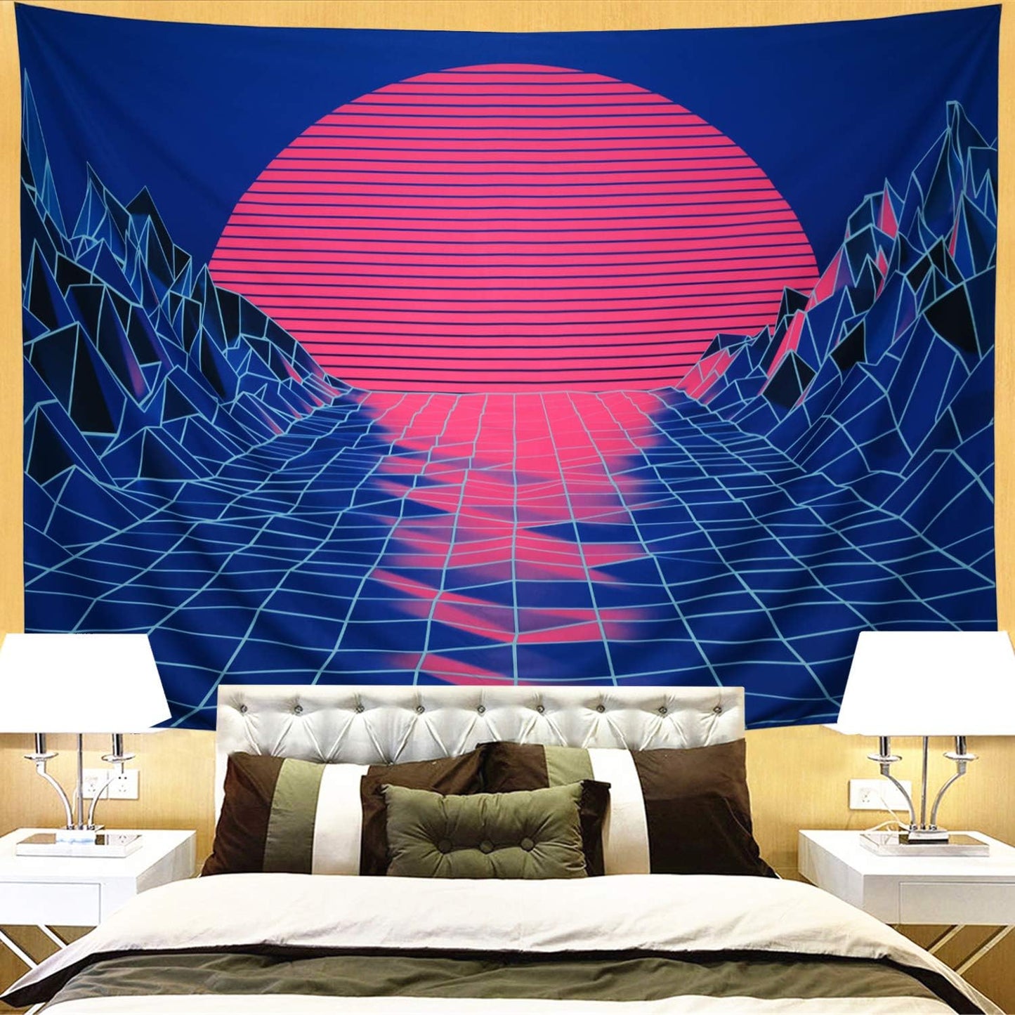 Sun Tapestry Mountain Tapestry Abstract Sketch Mountain River Tapestry Sunset Afterglow Landscape Tapestry for Bedroom