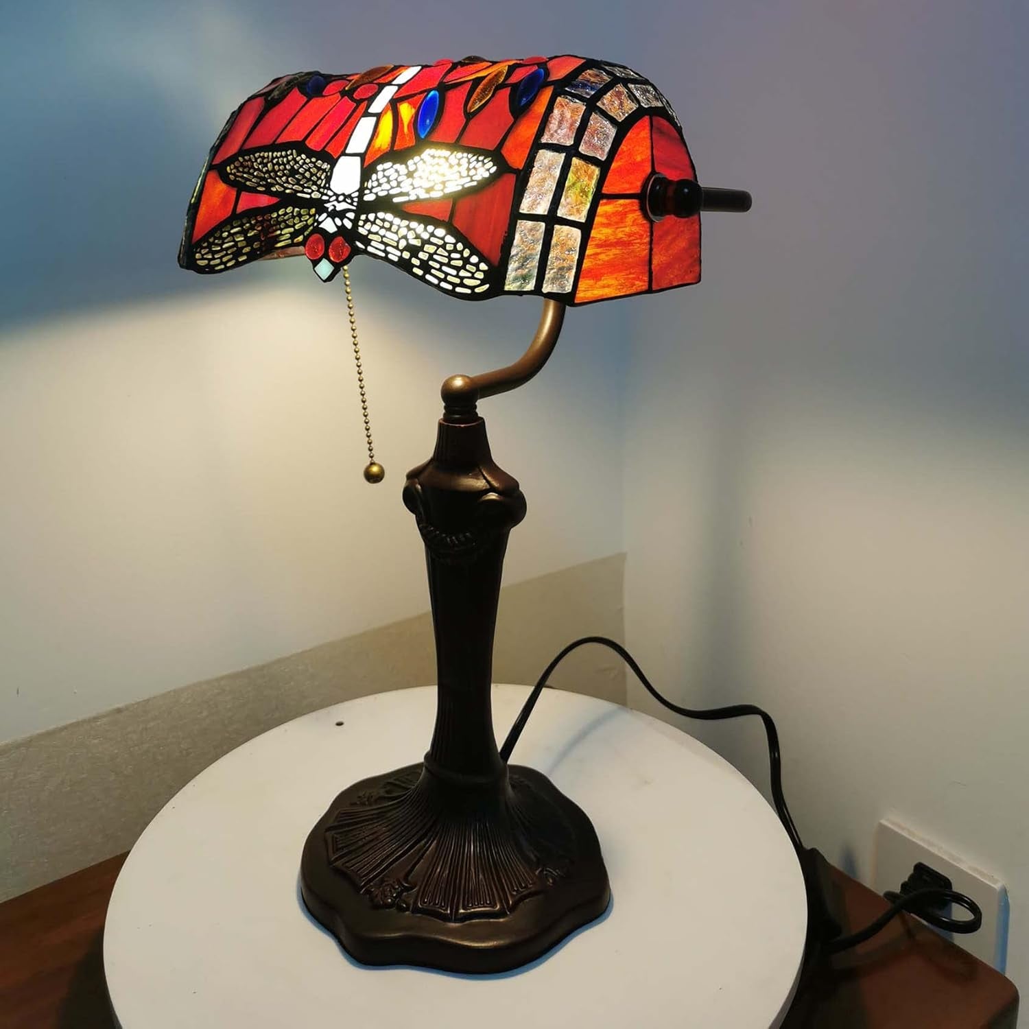 L10057 Dragonfly Tiffany Style Stained Glass Bankers Desk Lamp Table Lamp for Reading Working Home Decoration, 10" W X 16" H (Red)