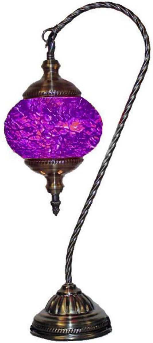 Mosaic Turkish Lamp Moroccan Glass Swan Neck Lantern for Table Desk Bedside Bronze Base Bundle with E12 Light Bulb (Deep Purple Shades)