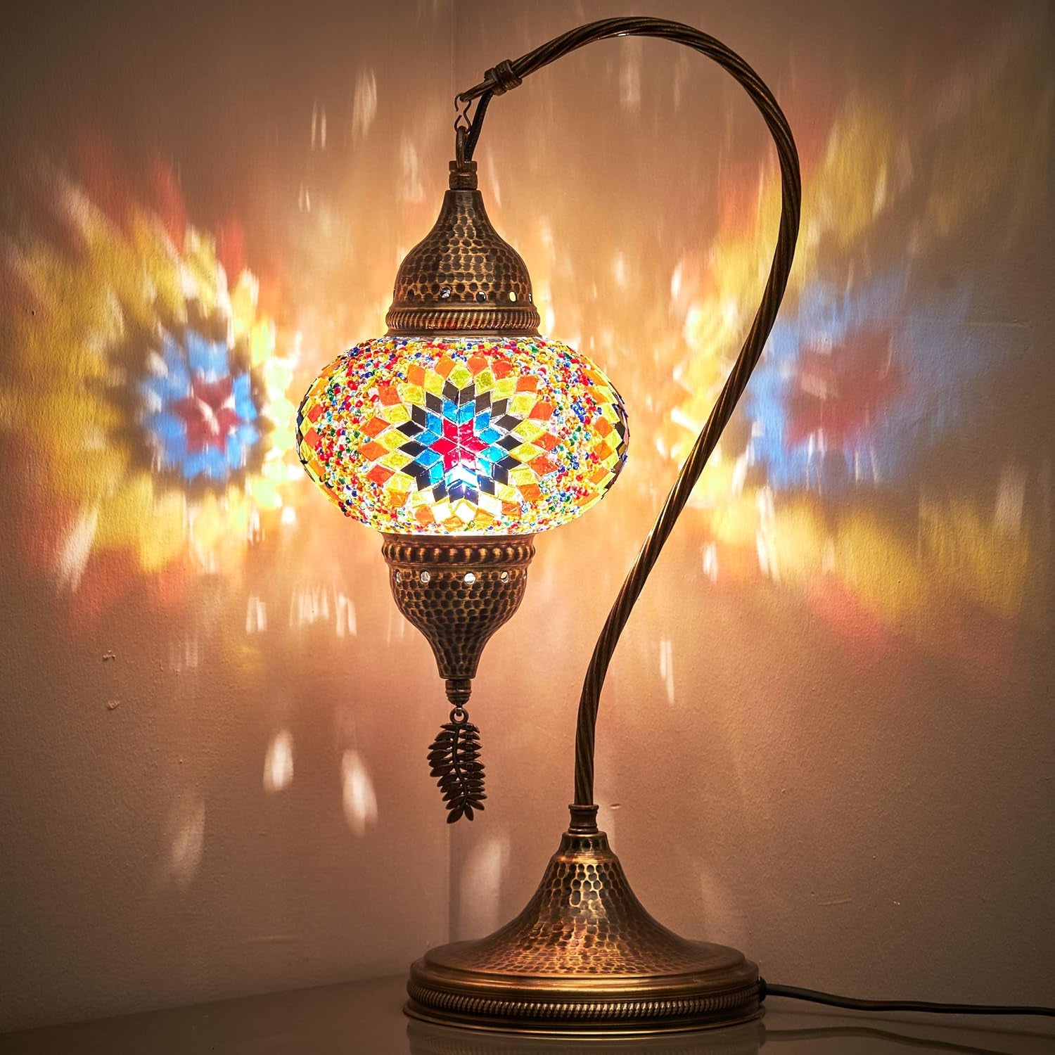 Turkish Moroccan Tiffany Style Handmade Colorful Mosaic Table Desk Bedside Night Swan Neck Lamp Light Lampshade, Multicolor, 19"