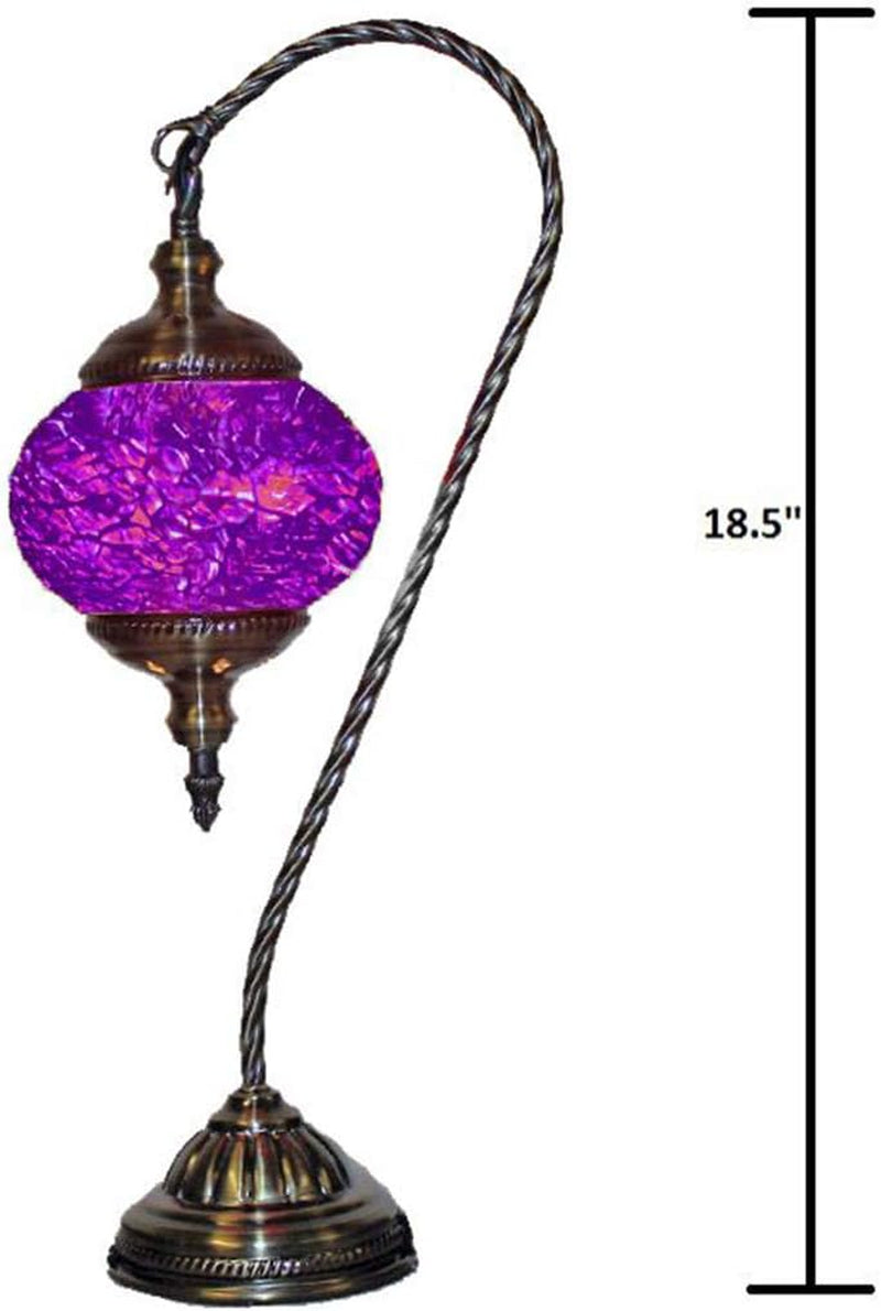 Mosaic Turkish Lamp Moroccan Glass Swan Neck Lantern for Table Desk Bedside Bronze Base Bundle with E12 Light Bulb (Deep Purple Shades)