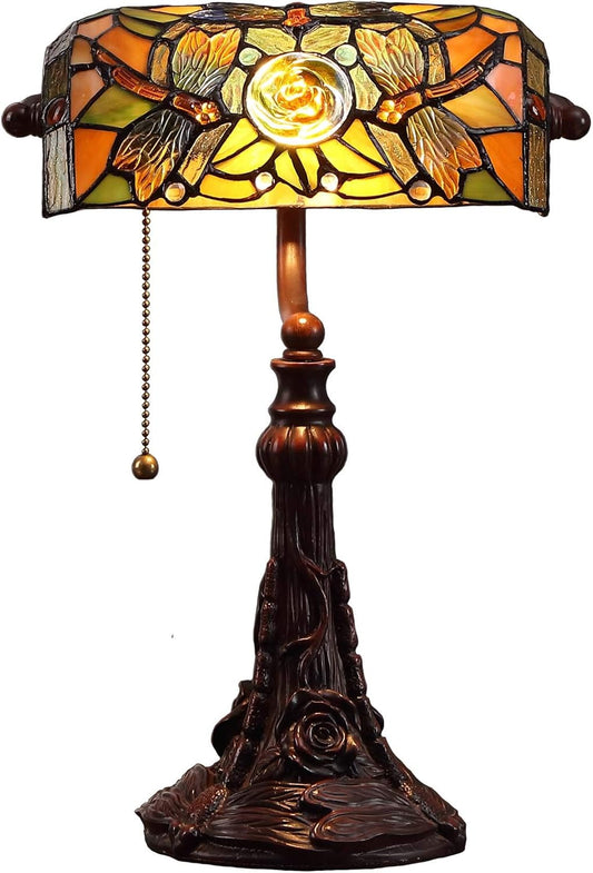 L10308 Dragonfly Tiffany Style Stained Glass Banker Desk Table Lamp with 10-Inches Wide Lampshade for Reading Working, 16 Inches Tall (Amber)