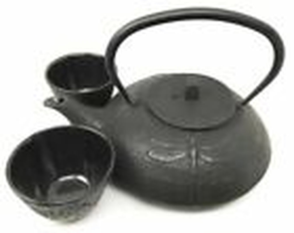 Japanese Tombo Dragonfly Black Heavy Cast Iron Tea Pot and Two Cups Set Asian