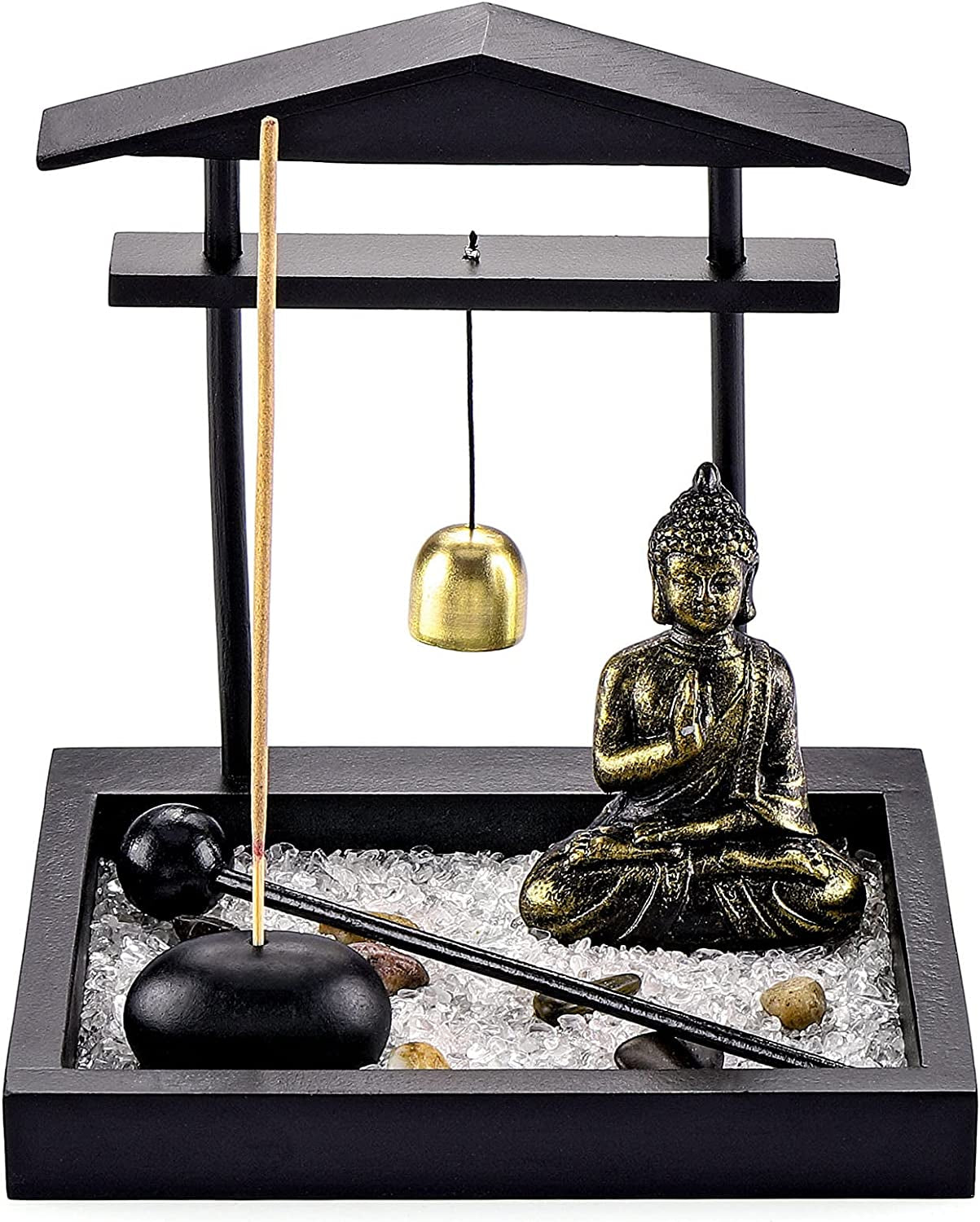 Zen Garden Set Buddha Statue, Mallet & Rocks and Crystals & Incense Stick Holder Bowl & Wooden Display Tray for Yoga Meditaion Home Table Decor Gift