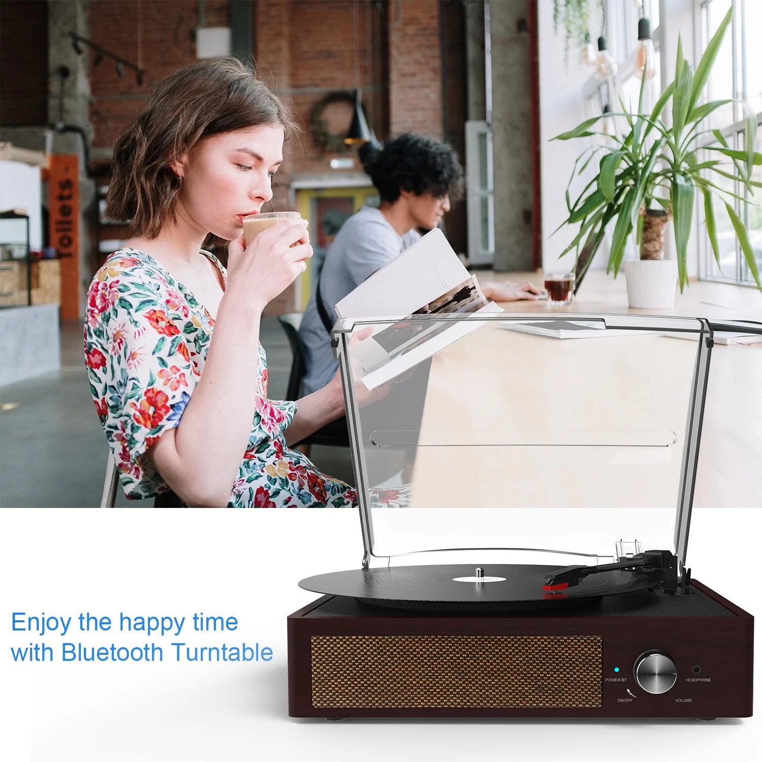 Bluetooth Record Player Belt-Driven 3-Speed Turntable Built-In Stereo Speakers-Brown