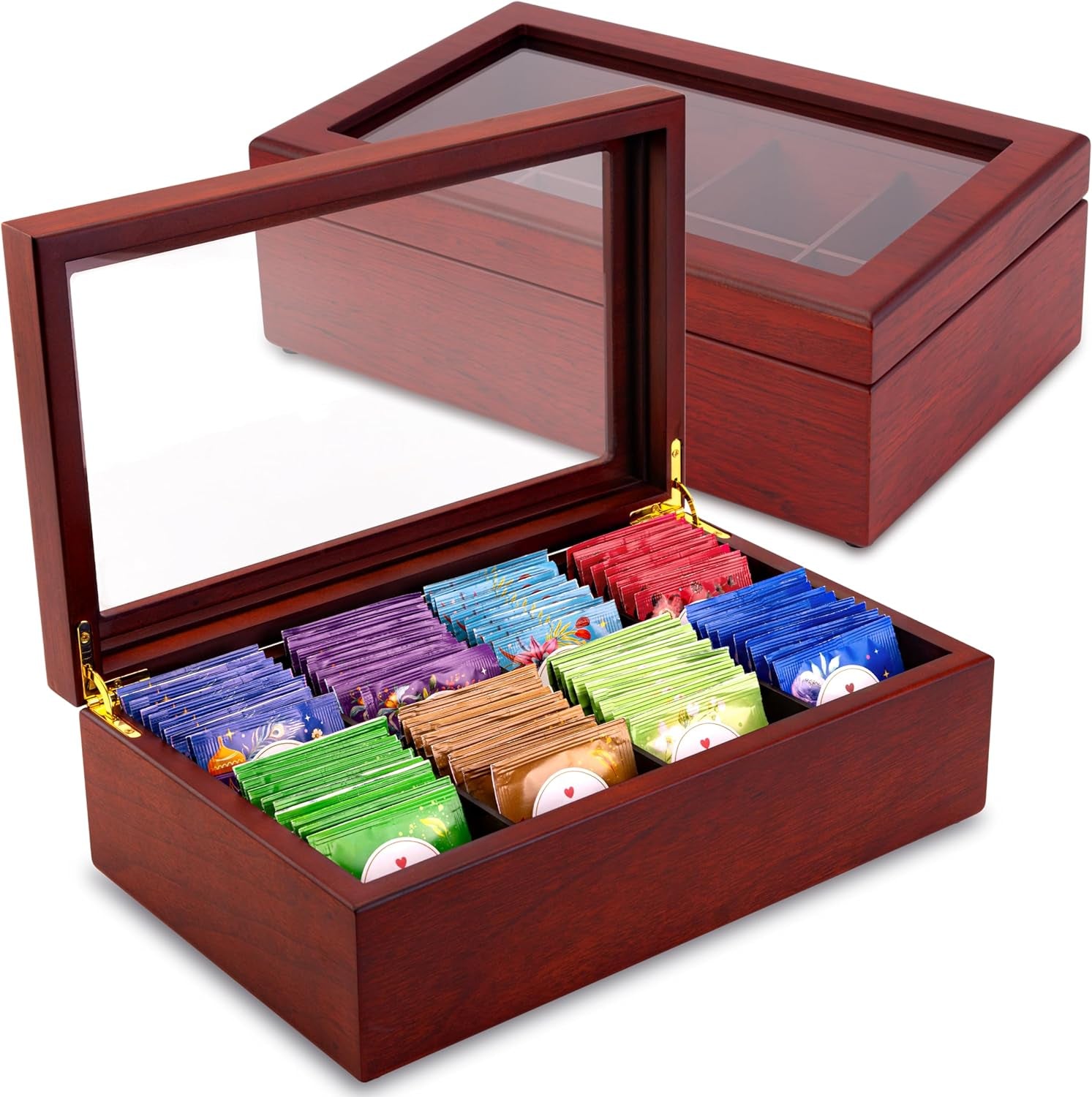 Tea Box - Luxury Wooden Tea Bag Organizer from the Apace Premier Collection - 8 Compartment Tea Storage Chest Container - Elegantly Handmade W/Scratch Resistant Window