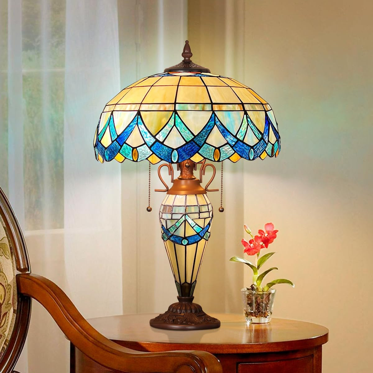 Tiffany Table Lamp Nightlight,16" Wide Handmade Stained Glass Lamp Shade,3-Lights Blue Vintage Nightstand Desk Light for Home and Office