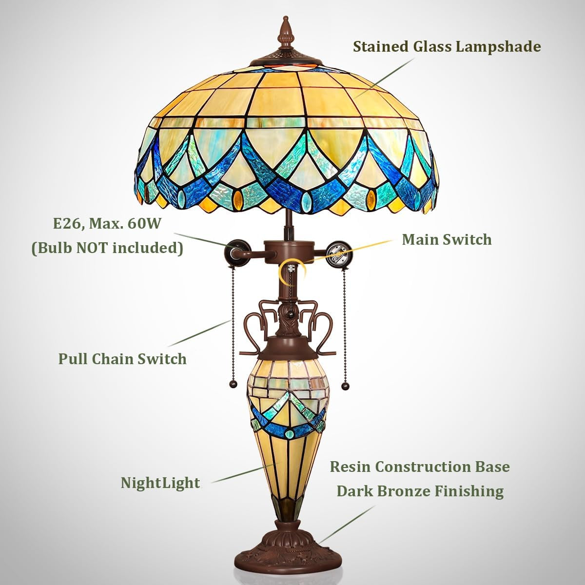 Tiffany Table Lamp Nightlight,16" Wide Handmade Stained Glass Lamp Shade,3-Lights Blue Vintage Nightstand Desk Light for Home and Office