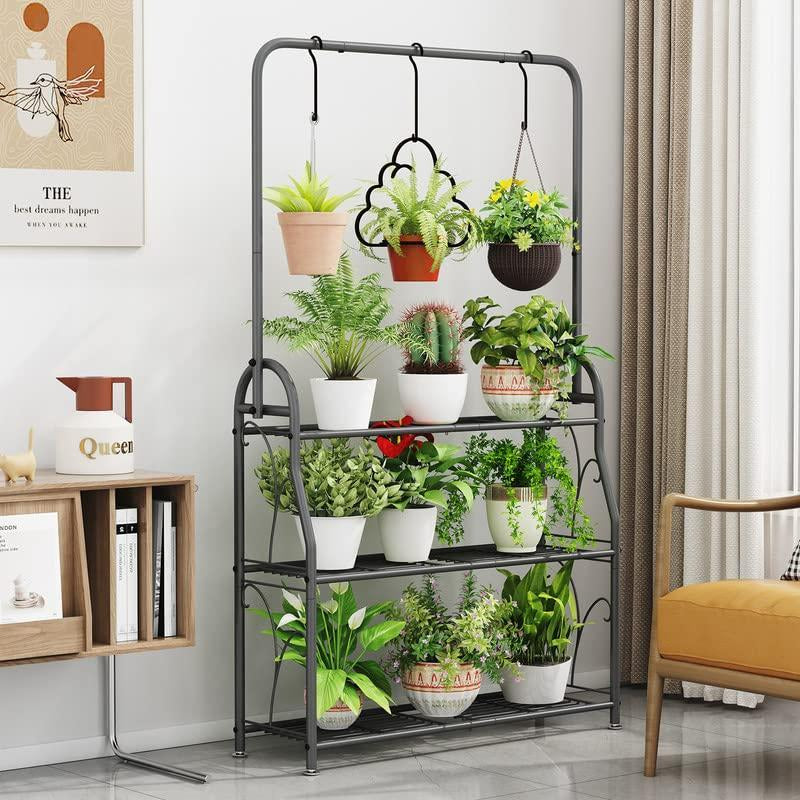 3-Tier with Hanging Plant Stand Planter Shelves Flower Pot Organizer Rack Multiple Flower Pot