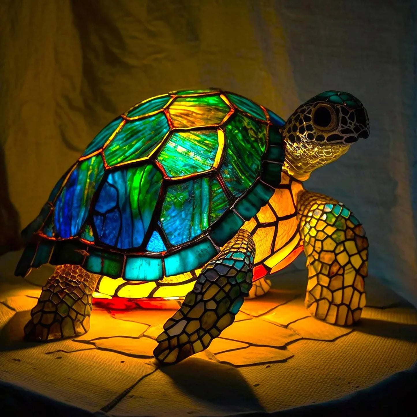 Animal Table Lamp Series, Stained Glass Rooster/Cat/Dragon/Wolf/Dolphin/Horse/Owl/Turtle Table Lamp Night Light, Stained Glass Animal Night Light for Home Decoration(Turtle)