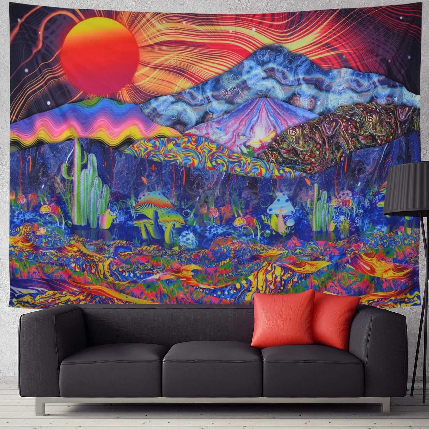 Mountain Tapestry Sun Tapestry Colorful Plants Tapestry Hippie Waves Abstract Wall Tapestry for Bedroom Living Room