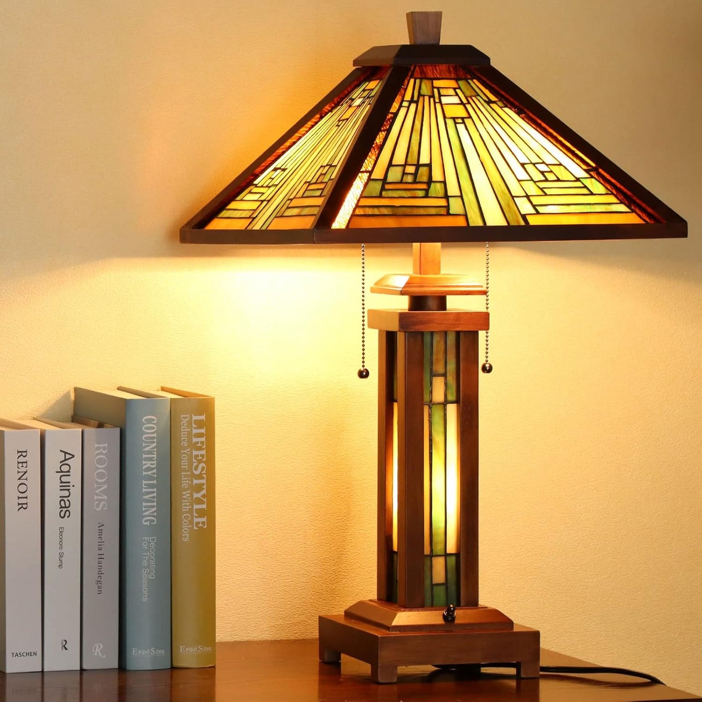 Tiffany Table Lamp 15" Wide 26" Tall Mission Style Stained Glass Lamp Wood Base 2-Light with Night Light for Living Room Bedroom