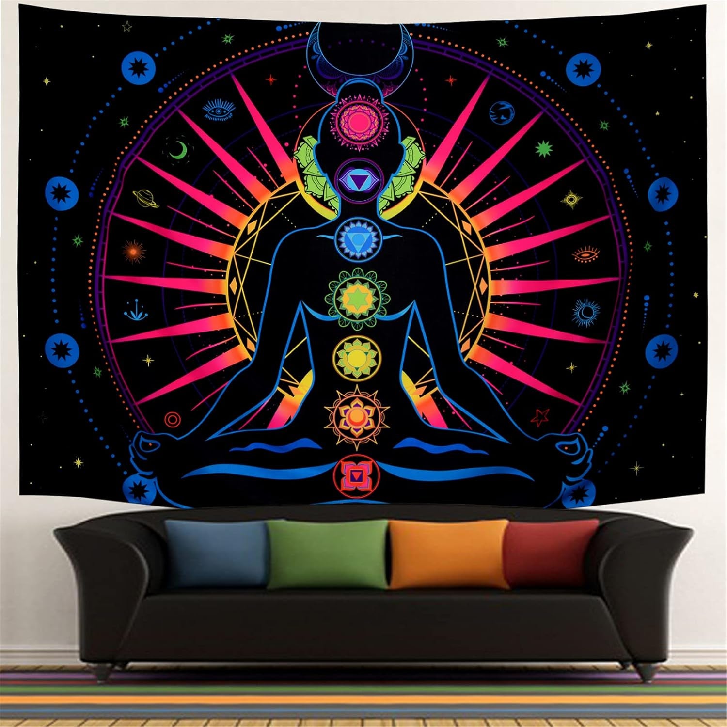 Seven Chakra Tapestry Trippy Sun Tapestry Galaxy Starry Stars Tapestry Psychedelic Celestial Moon Tapestry Colorful Yoga Meditation Tapestry Hippie Tapestry for Home