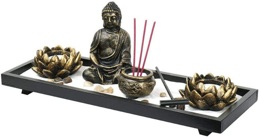 Mini Zen Garden Buddha Statue Incense Sticks Burner Holder with Glass Tealight Candle (Zen-38X15X12Cm)