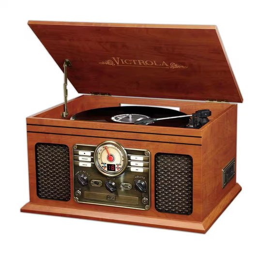 6-In-1 Classic Wooden Turntable with Bluetooth in Mahogany