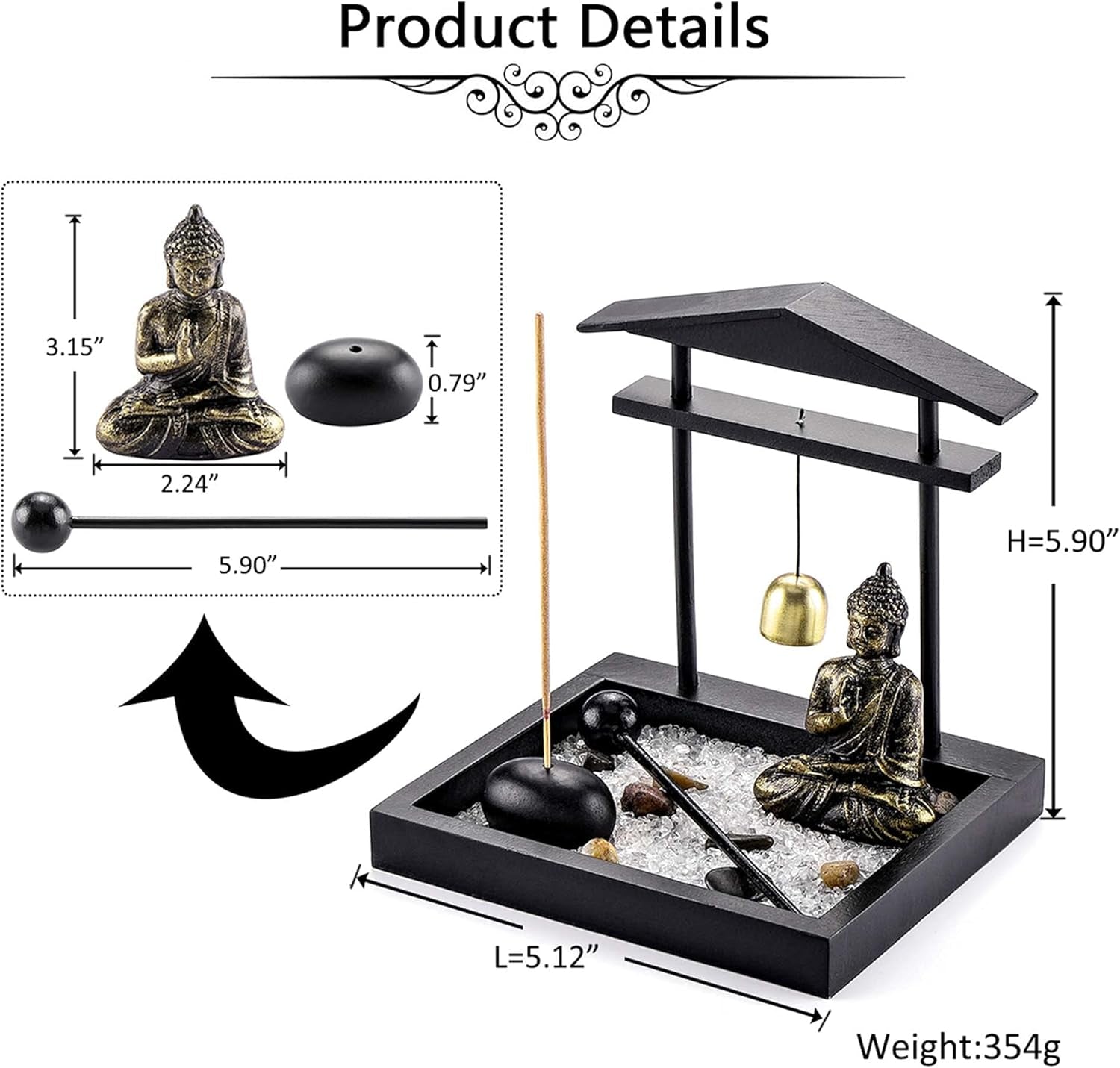 Zen Garden Set Buddha Statue, Mallet & Rocks and Crystals & Incense Stick Holder Bowl & Wooden Display Tray for Yoga Meditaion Home Table Decor Gift