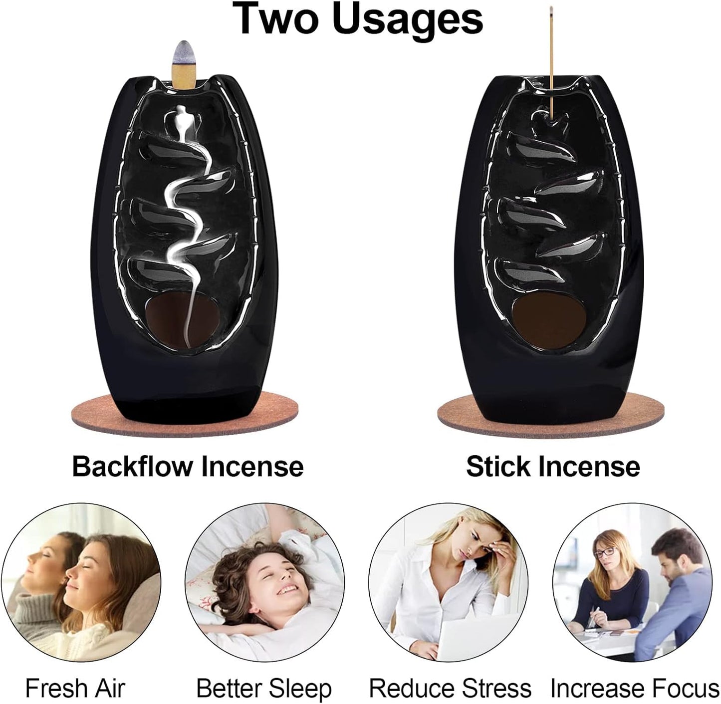 Backflow Incense Burner Waterfall Incense Holder with 120 Backflow Incense Cones + 30 Incense Sticks + 1 Tweezer, Aromatherapy Ornamental for Home Office Yoga, Jet Black