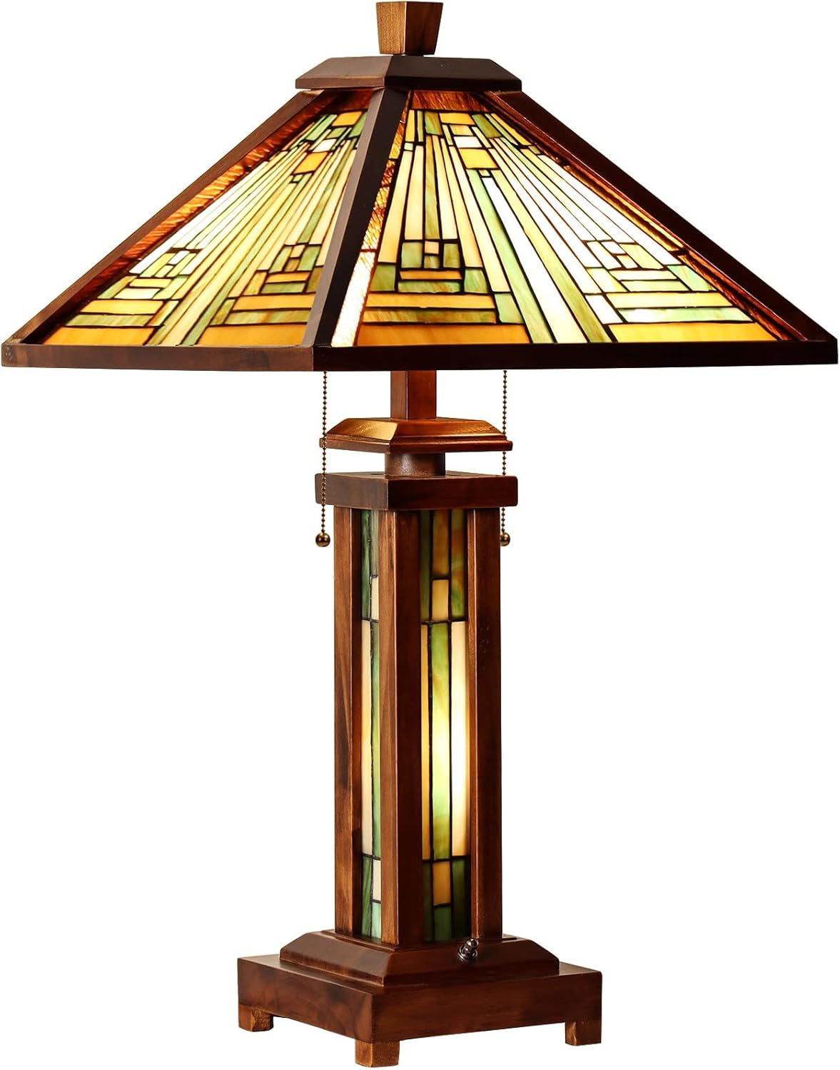 Tiffany Table Lamp 15" Wide 26" Tall Mission Style Stained Glass Lamp Wood Base 2-Light with Night Light for Living Room Bedroom