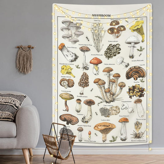 Mushroom Tapestry Vintage Beige Tapestry Illustrative Reference Chart Tapestry Aesthetic Tapestry Colorful Vertical Tapestry Wall Hanging for Room (36 X 48 Inches)