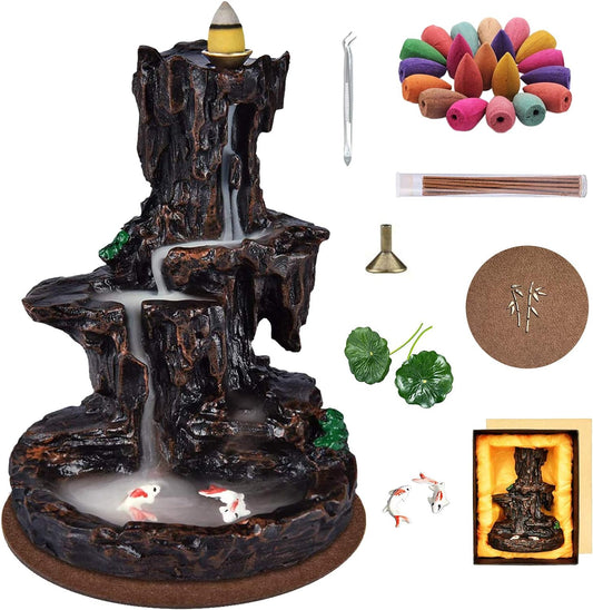 Backflow Incense Burner Waterfall Incense Mountain River Handicraft Incense Holder with 50 Incens + 30 Incense Sticks + Gift Box for Home Decor Aromatherapy Ornament