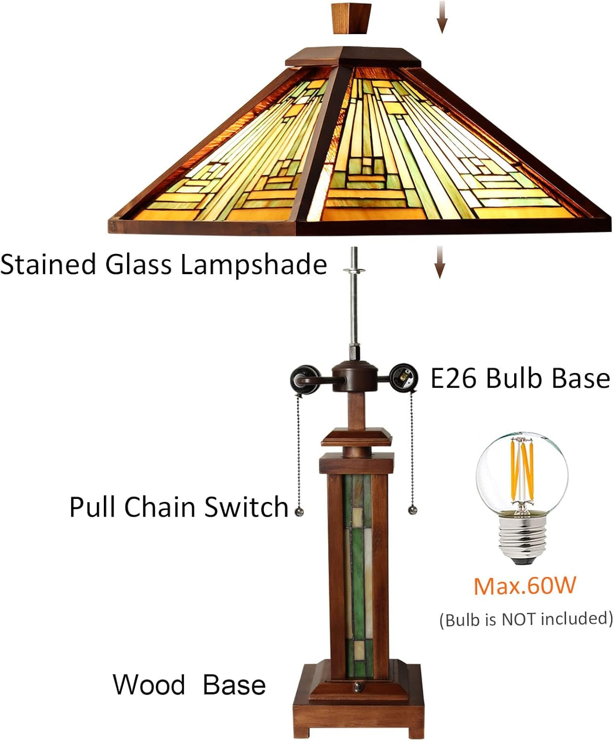 Tiffany Table Lamp 15" Wide 26" Tall Mission Style Stained Glass Lamp Wood Base 2-Light with Night Light for Living Room Bedroom