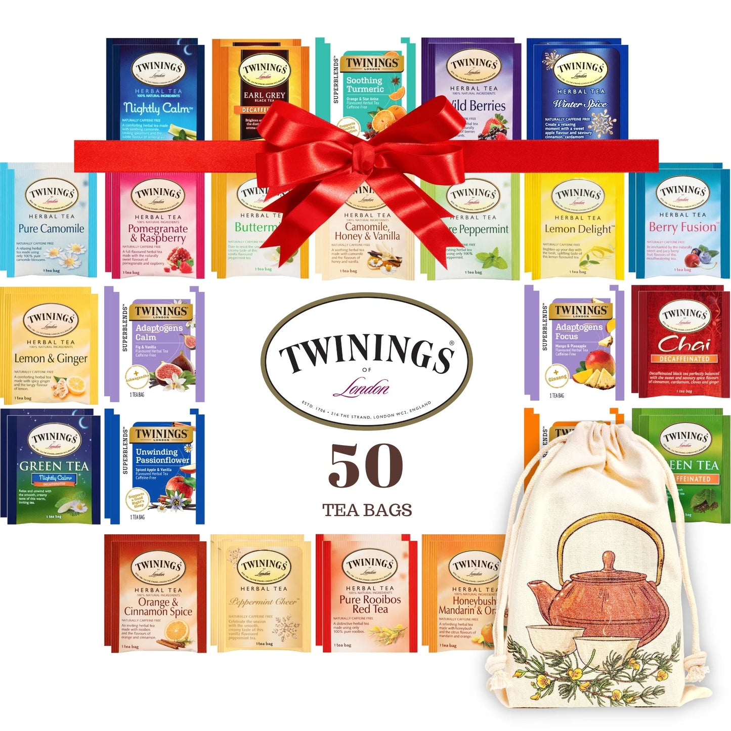 Twinings Herbal and Decaf Tea Bag Assortment - 50 Count, 25 Flavors