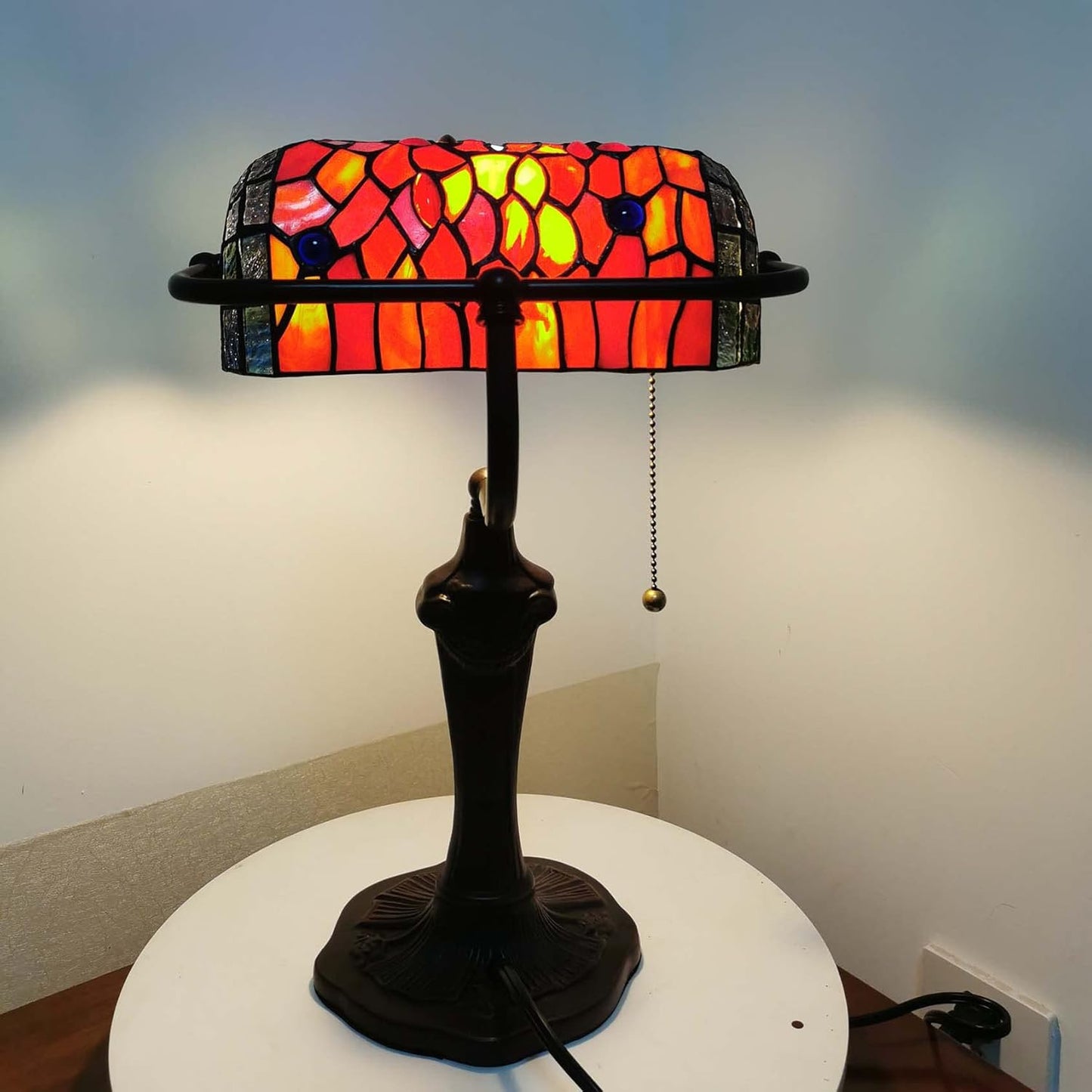 L10057 Dragonfly Tiffany Style Stained Glass Bankers Desk Lamp Table Lamp for Reading Working Home Decoration, 10" W X 16" H (Red)